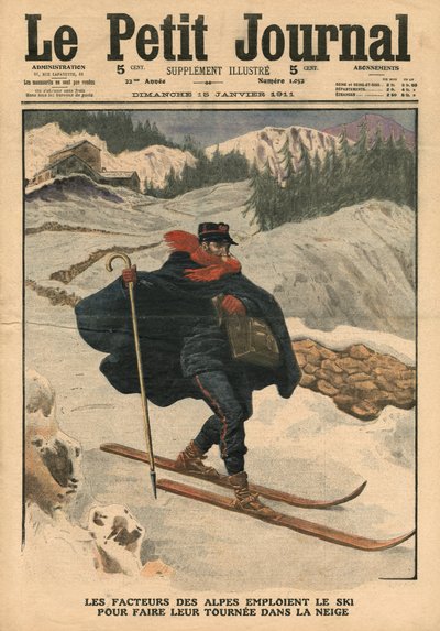 Alpine postmen using ski during their rounds in the snow, illustration from 